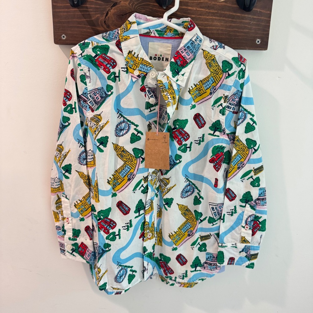 Mini Boden Kids London City Print Button Down Shirt White Multi 6-7Y NWT - Picture 1 of 10
